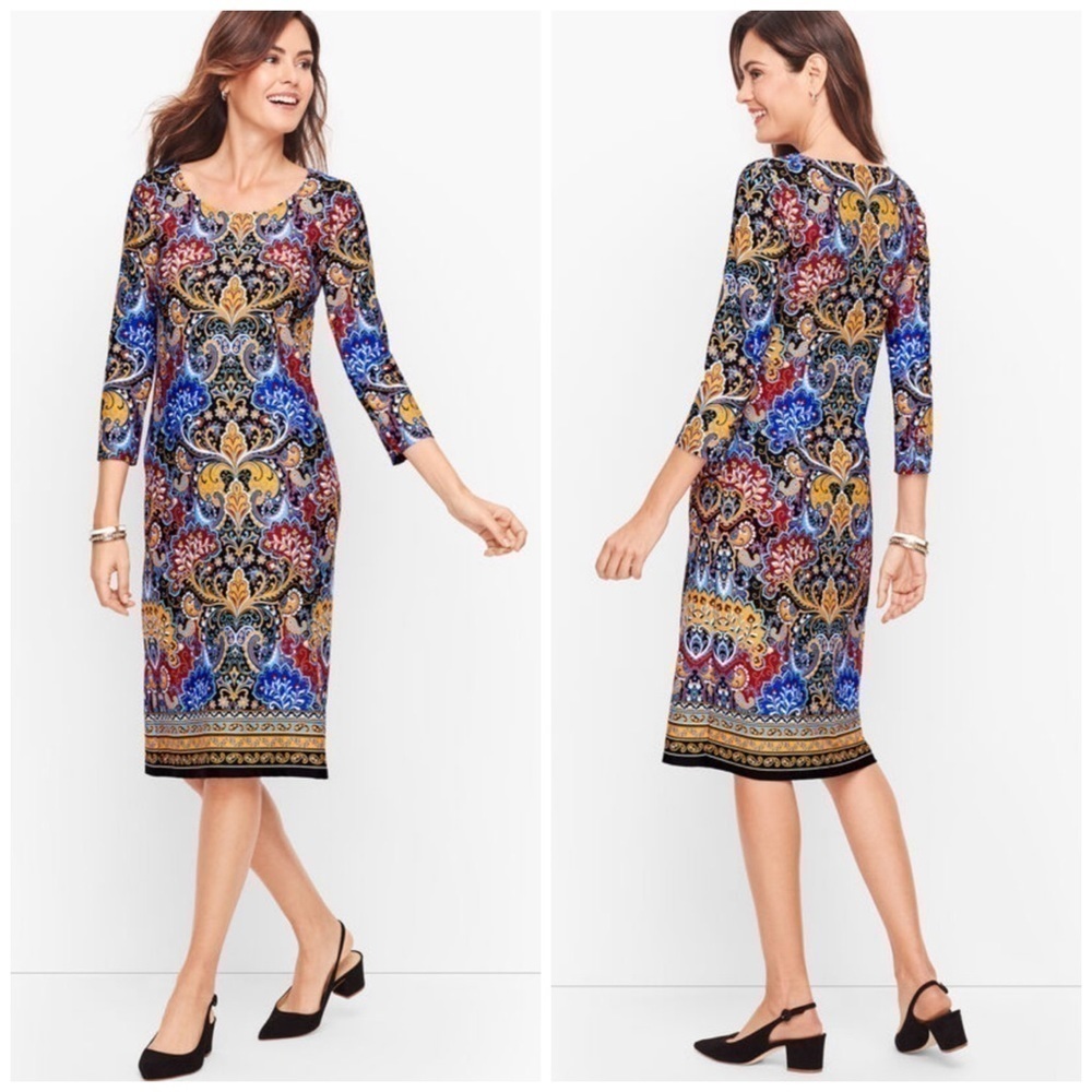 Talbots Jersey Paisley Shift Dress Three Quarter Small